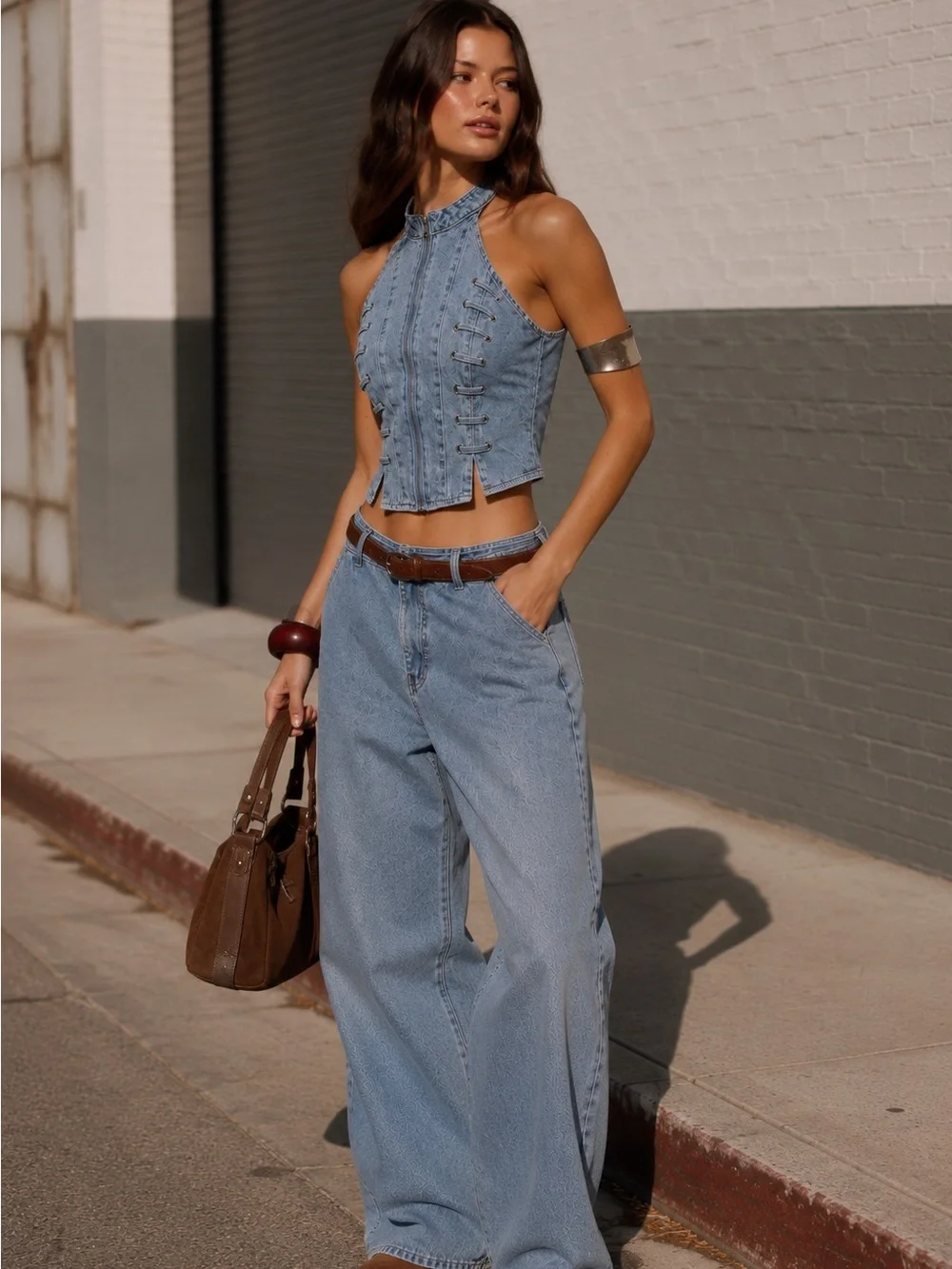 Denim Lace-Up Halter Crop Top - Light Blue - Picture 2 of 6